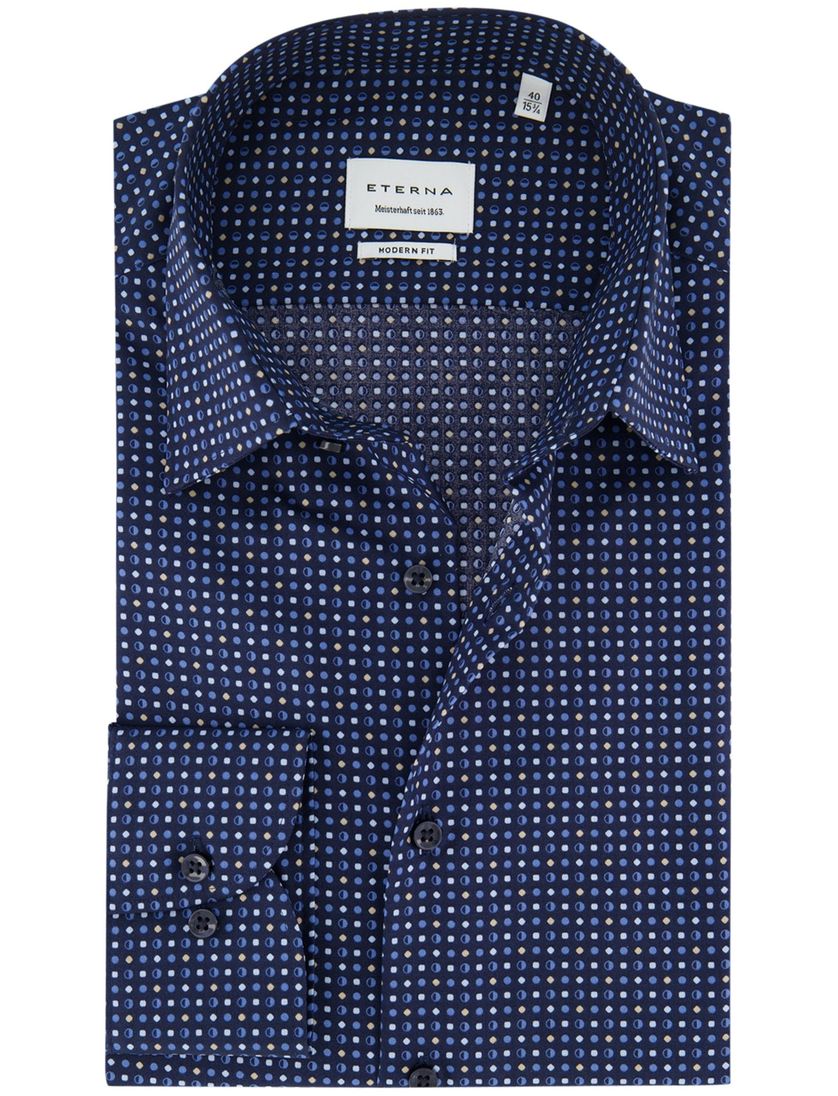 Eterna overhemd ml 5 donkerblauw print strijkvrij