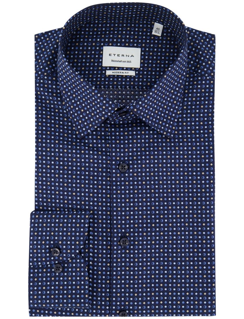 Eterna overhemd ml 5 donkerblauw print strijkvrij