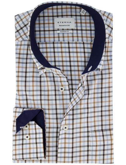 Eterna Eterna overhemd ml 5 blauw bruin geruit 100% katoen