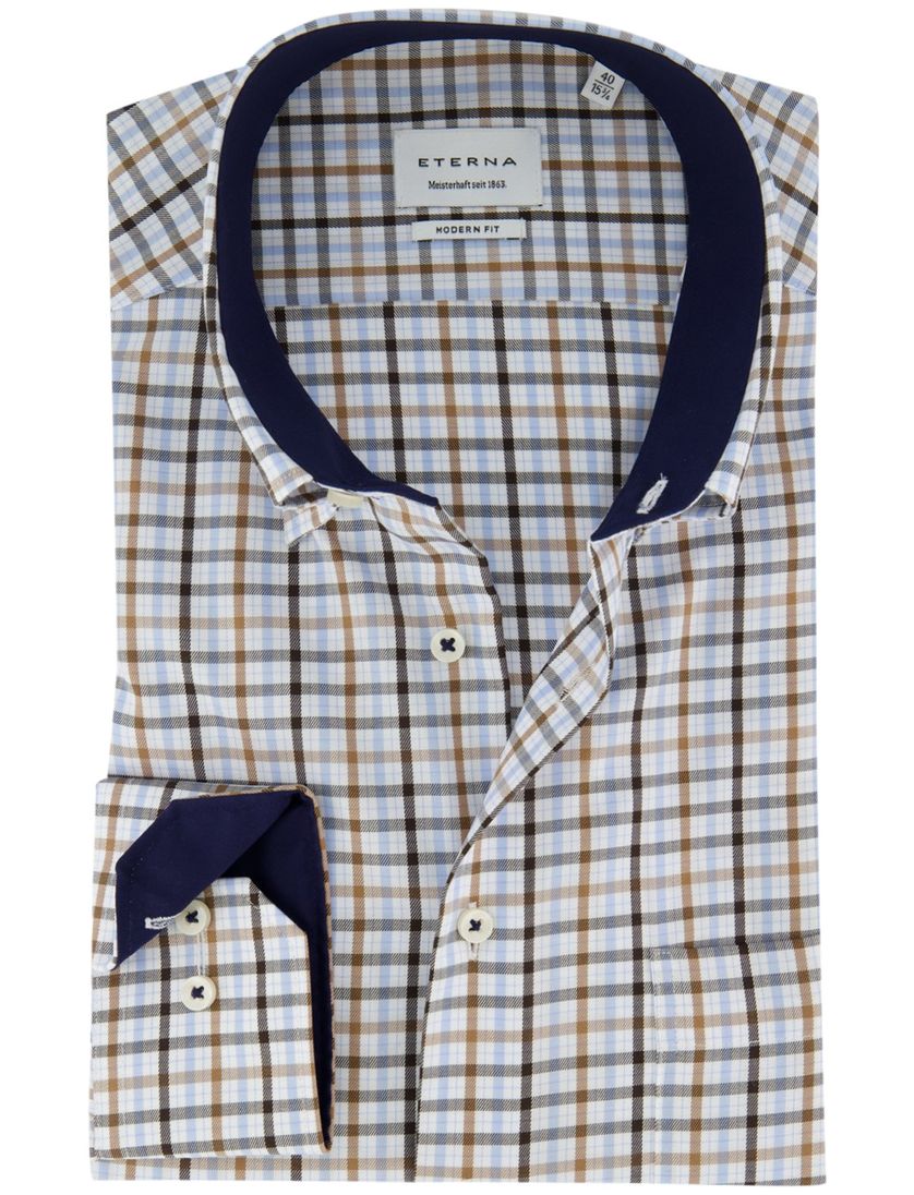 Eterna overhemd ml 5 blauw bruin geruit
