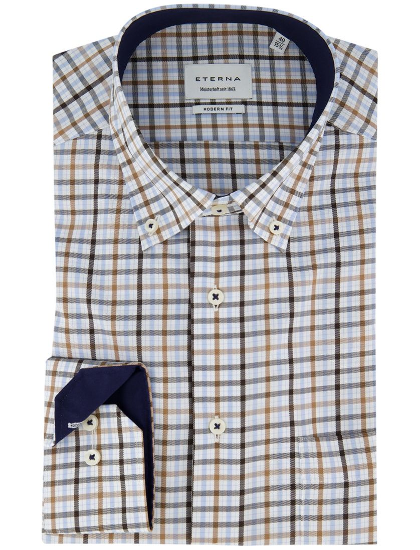 Eterna overhemd ml 5 blauw bruin geruit