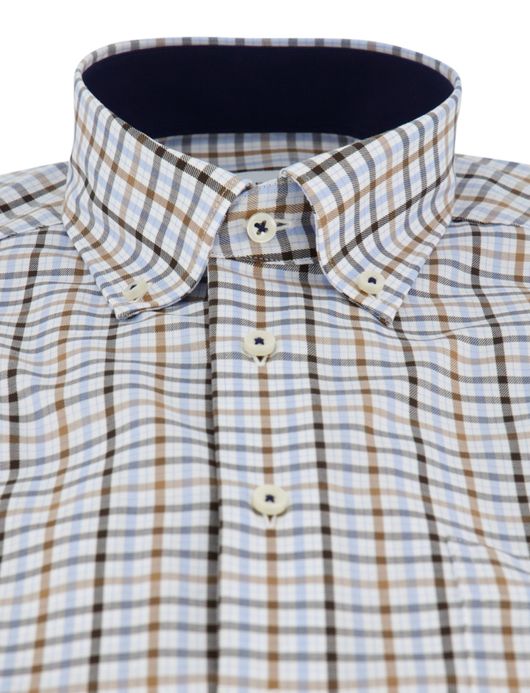 Eterna overhemd ml 5 blauw bruin geruit 100% katoen