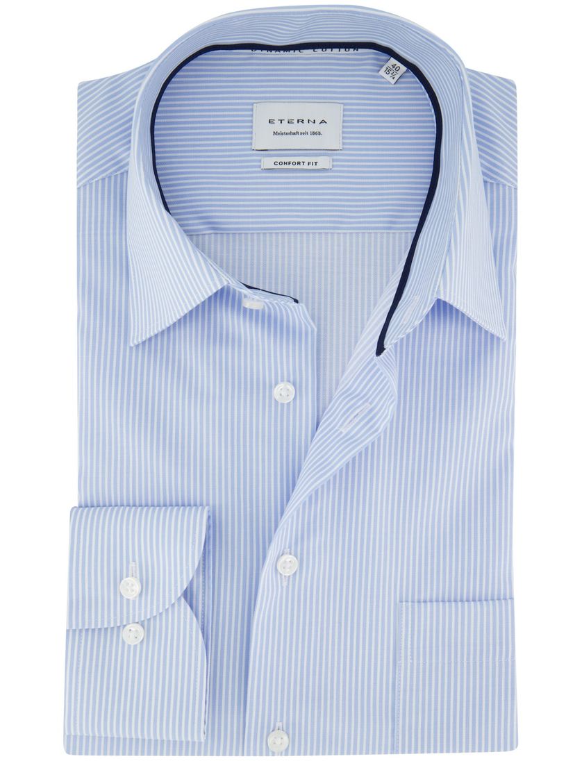 Lichtblauw gestreept Eterna overhemd met borstzak