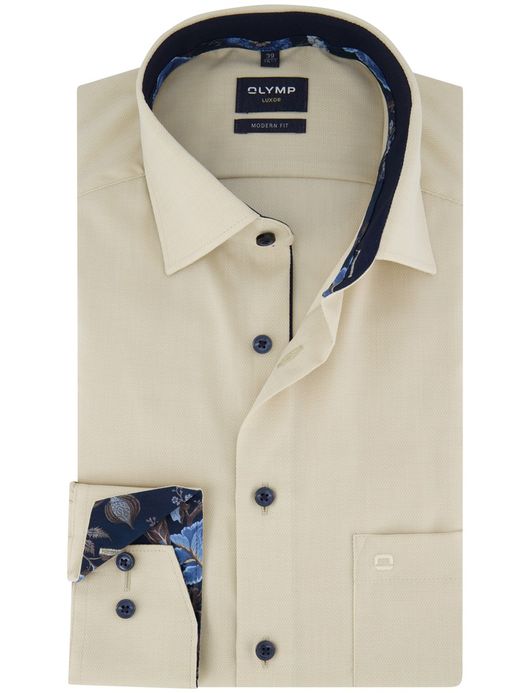 Olymp Luxor Modern Fit Overhemd beige effen donkere knoop katoen