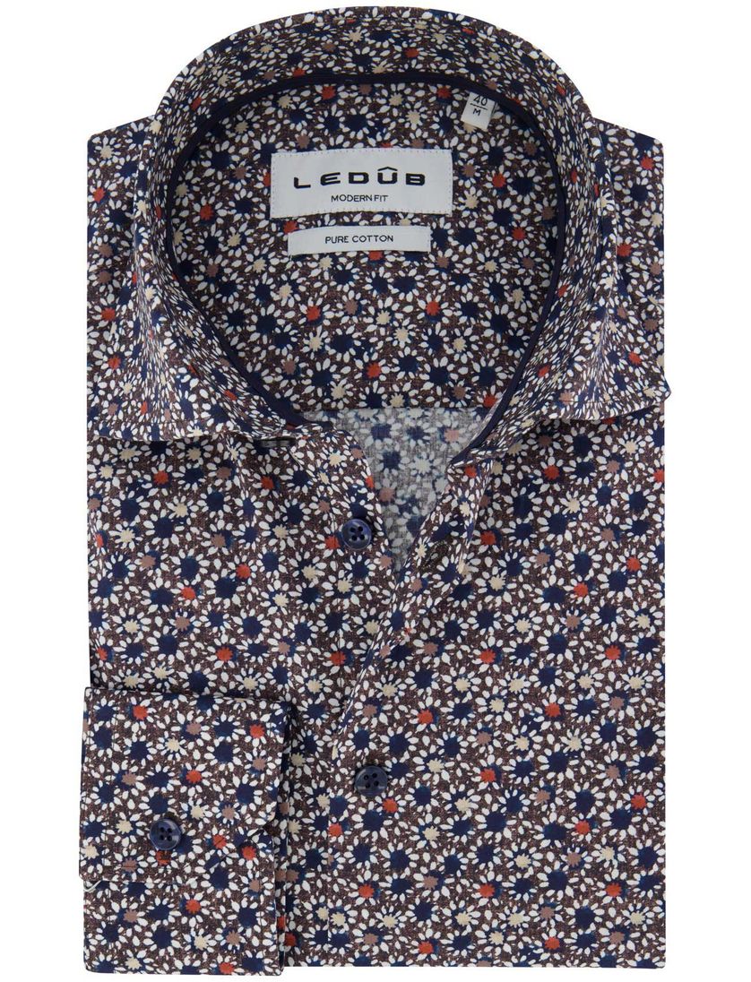 Ledub overhemd geprint navy katoen normale fit mouwlengte 7