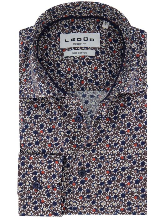 Ledub overhemd katoen navy geprint normale fit mouwlengte 7
