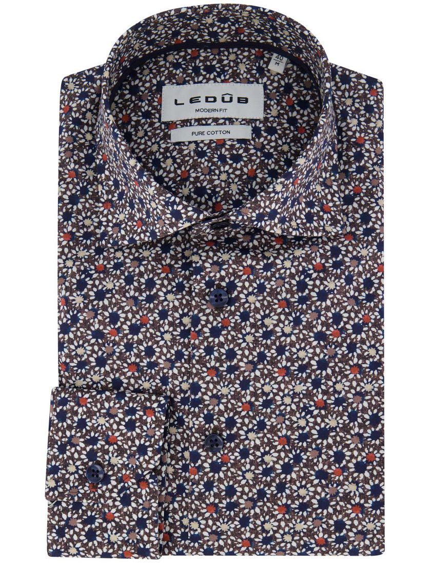 Ledub overhemd geprint navy katoen normale fit mouwlengte 7