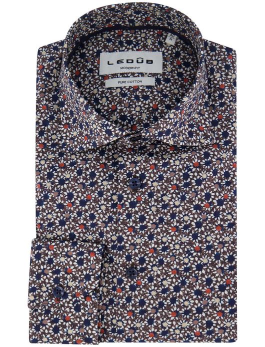 Ledub overhemd katoen navy geprint normale fit mouwlengte 7