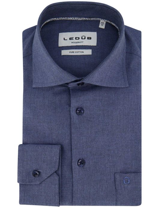 Ledub overhemd effen blauw katoen normale fit mouwlengte 7