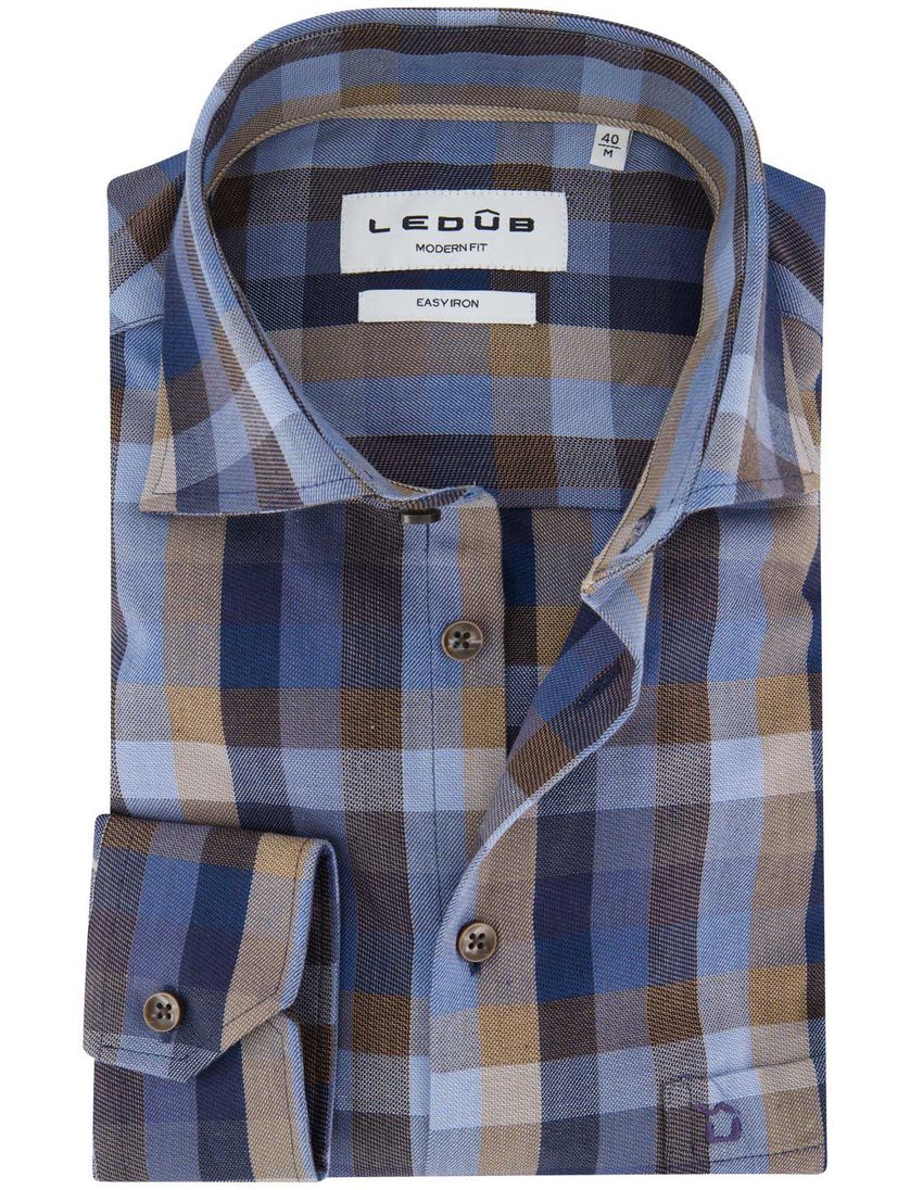 Ledub overhemd donkerblauw katoen normale fit geruit
