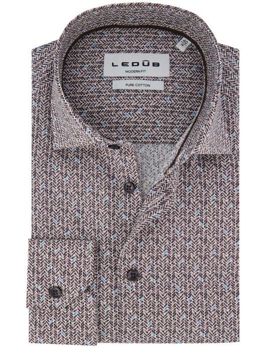 Ledub overhemd bruin katoen geprint normale fit