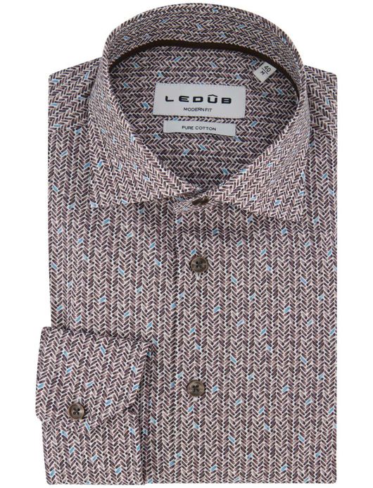 Ledub overhemd geprint bruin mouwlengte 7 katoen