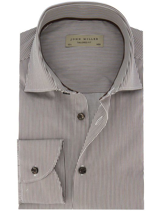 John Miller overhemd ml 7 bruin wit gestreept