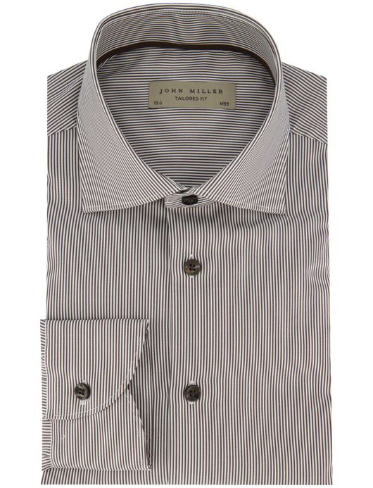 John Miller overhemd ml 7 bruin wit gestreept
