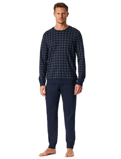 Schiesser Schiesser lange pyjama navy met borstzak