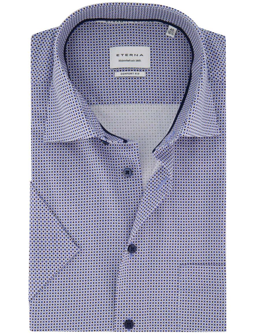 Blauw geprint overhemd Eterna Comfort Fit strijkvrij korte mouw