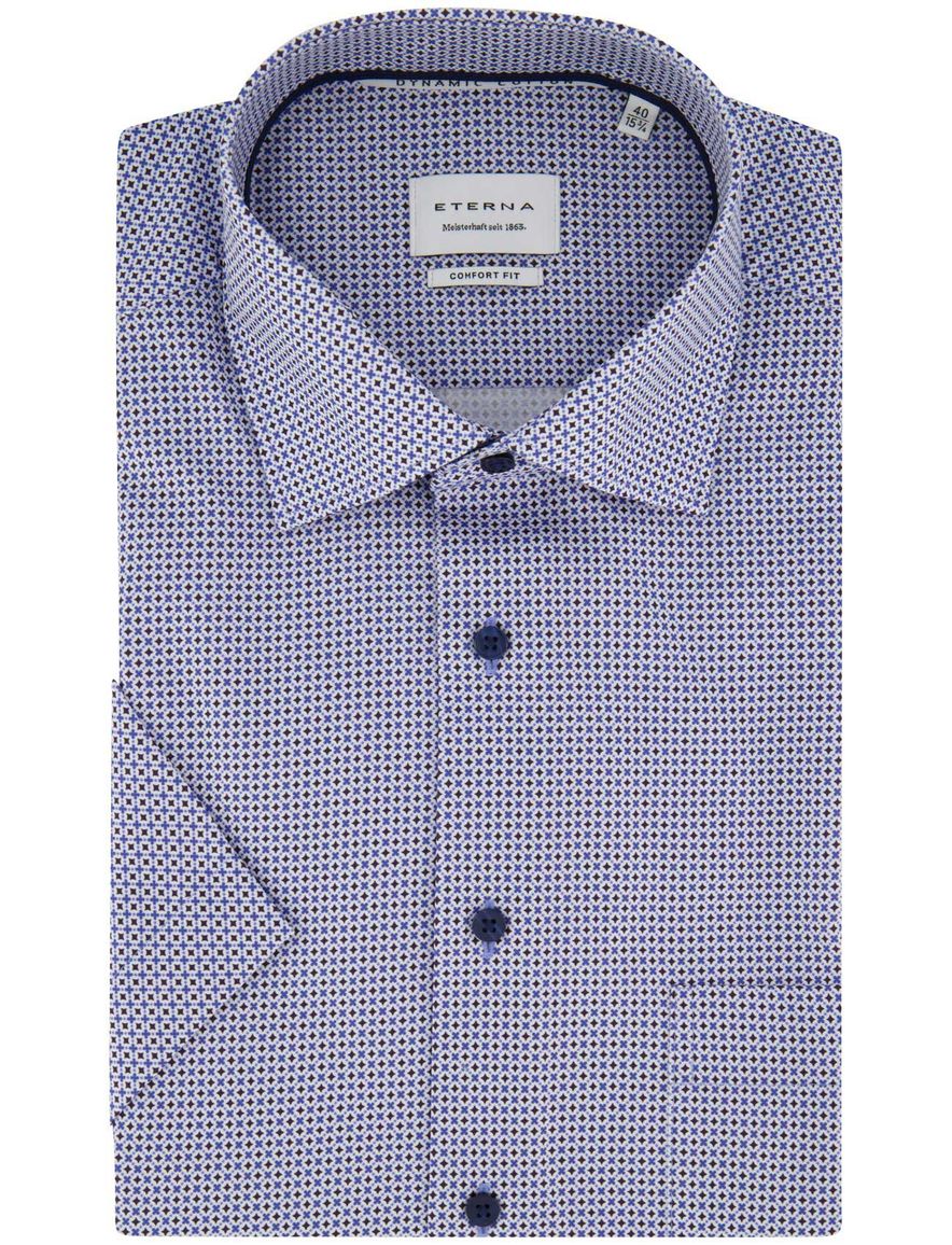 Blauw geprint overhemd Eterna Comfort Fit strijkvrij korte mouw