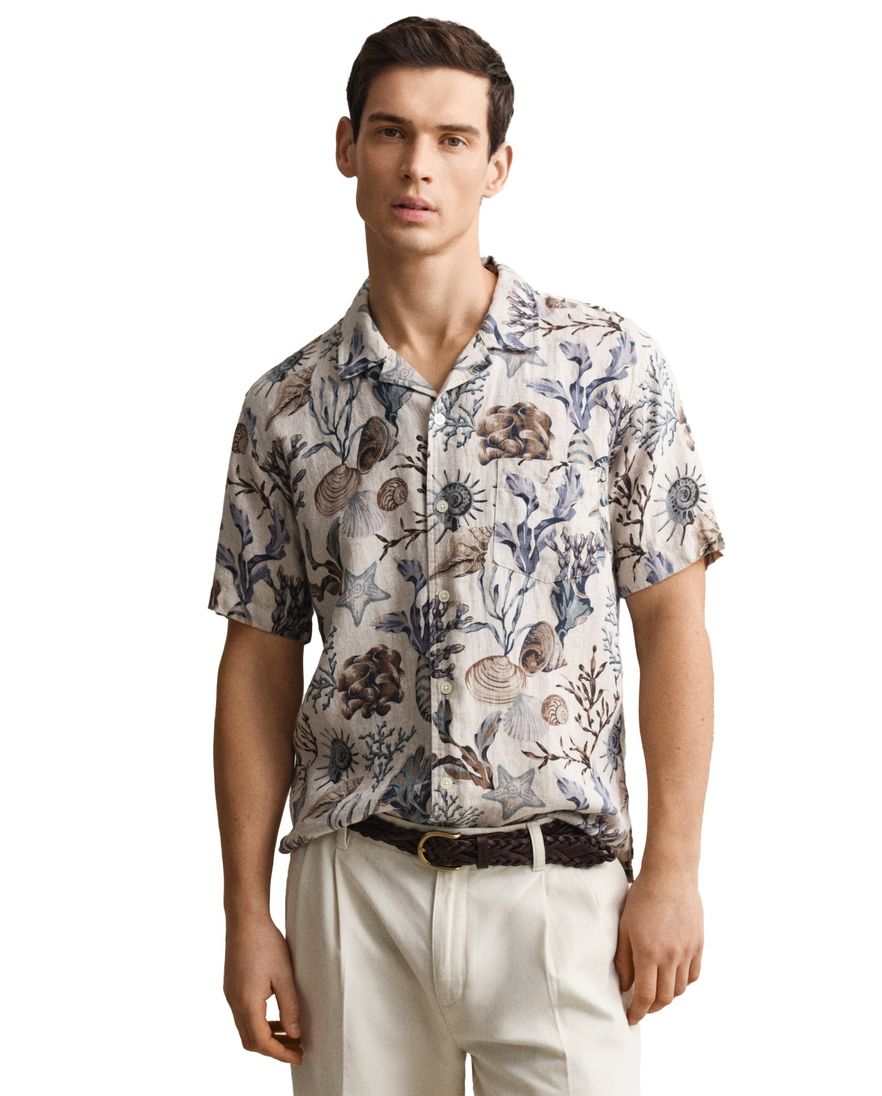 Gant overhemd geprint beige korte mouw