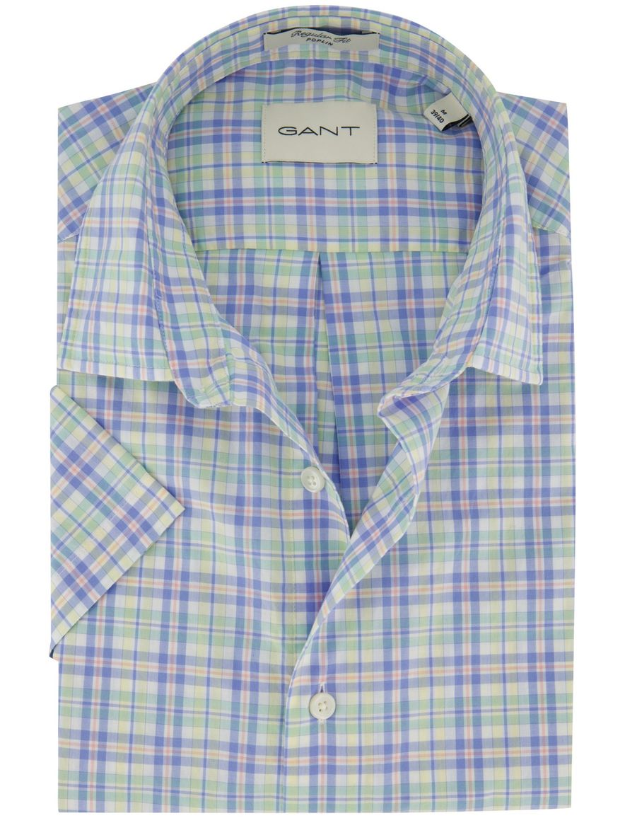 Lichtblauw geruit overhemd Gant Regular Fit korte mouw