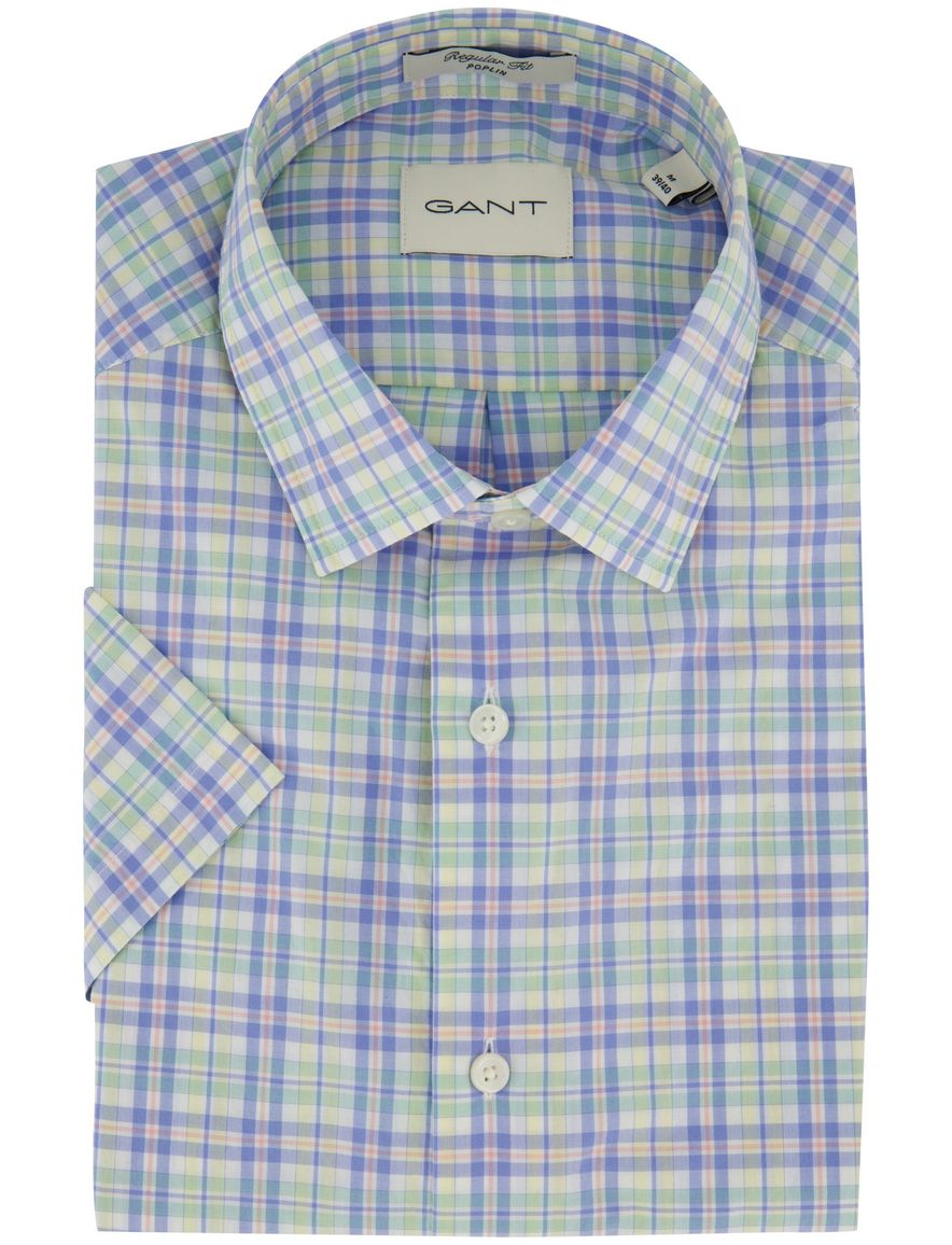 Lichtblauw geruit overhemd Gant Regular Fit korte mouw