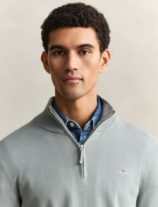 Gant trui half zip grijs katoen normale fit