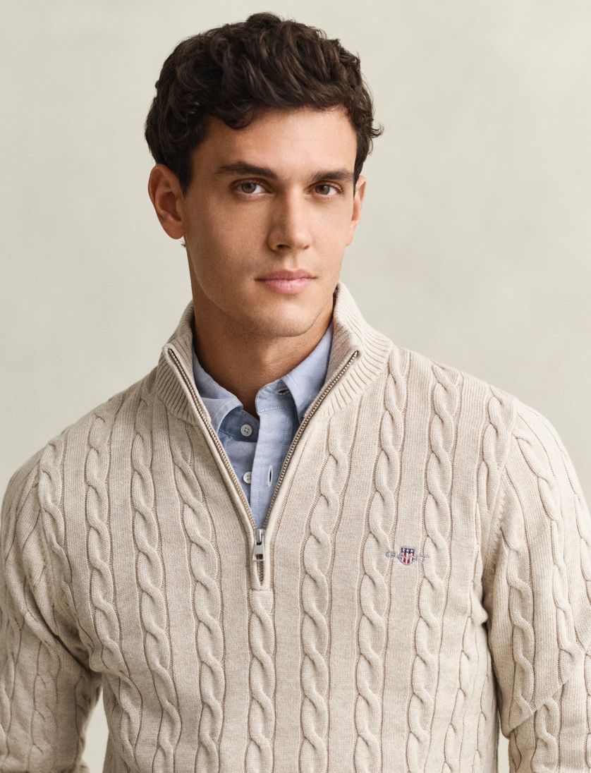 Gant kabeltrui beige katoen half zipje