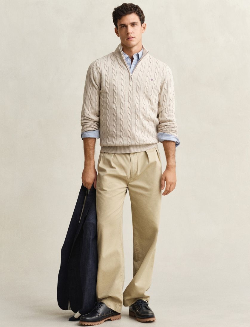 Gant kabeltrui beige katoen half zipje