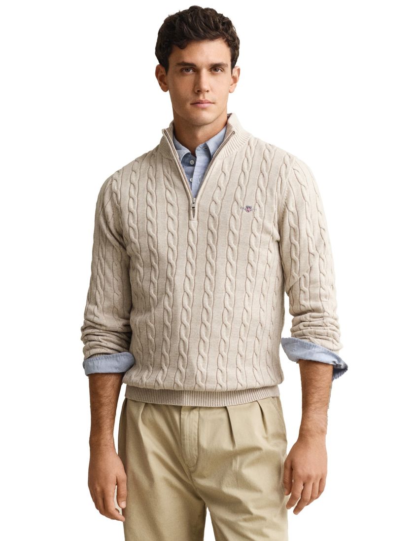 Gant kabeltrui beige katoen half zipje