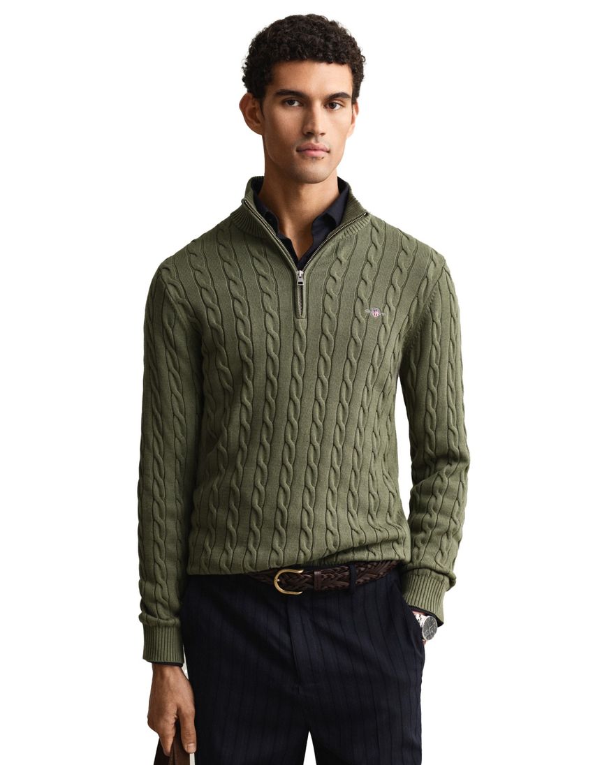 Gant kabeltrui groen katoen normale fit