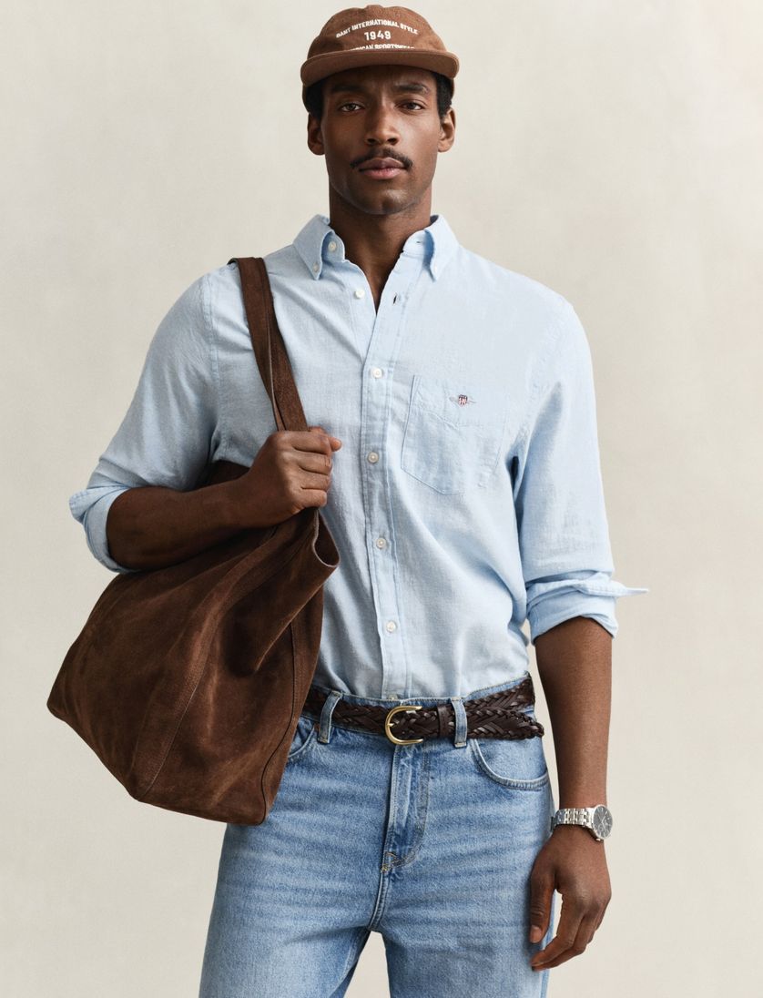 Lichtblauw Gant overhemd linnen met borstzak