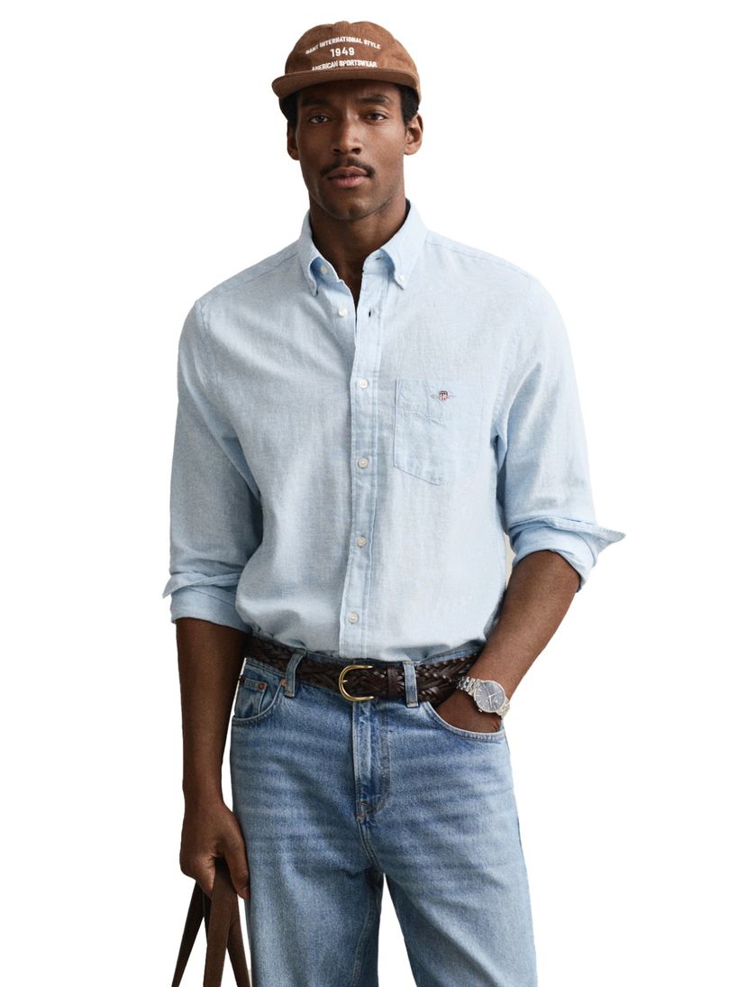 Lichtblauw Gant overhemd linnen met borstzak