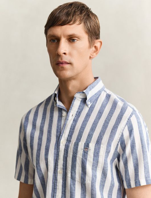 Gant overhemd blauw korte mouw gestreept