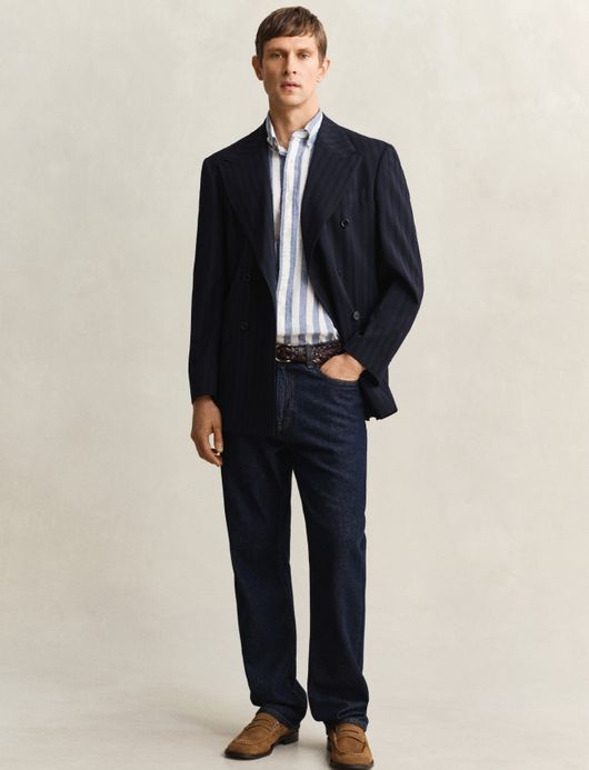 Gant overhemd blauw korte mouw gestreept