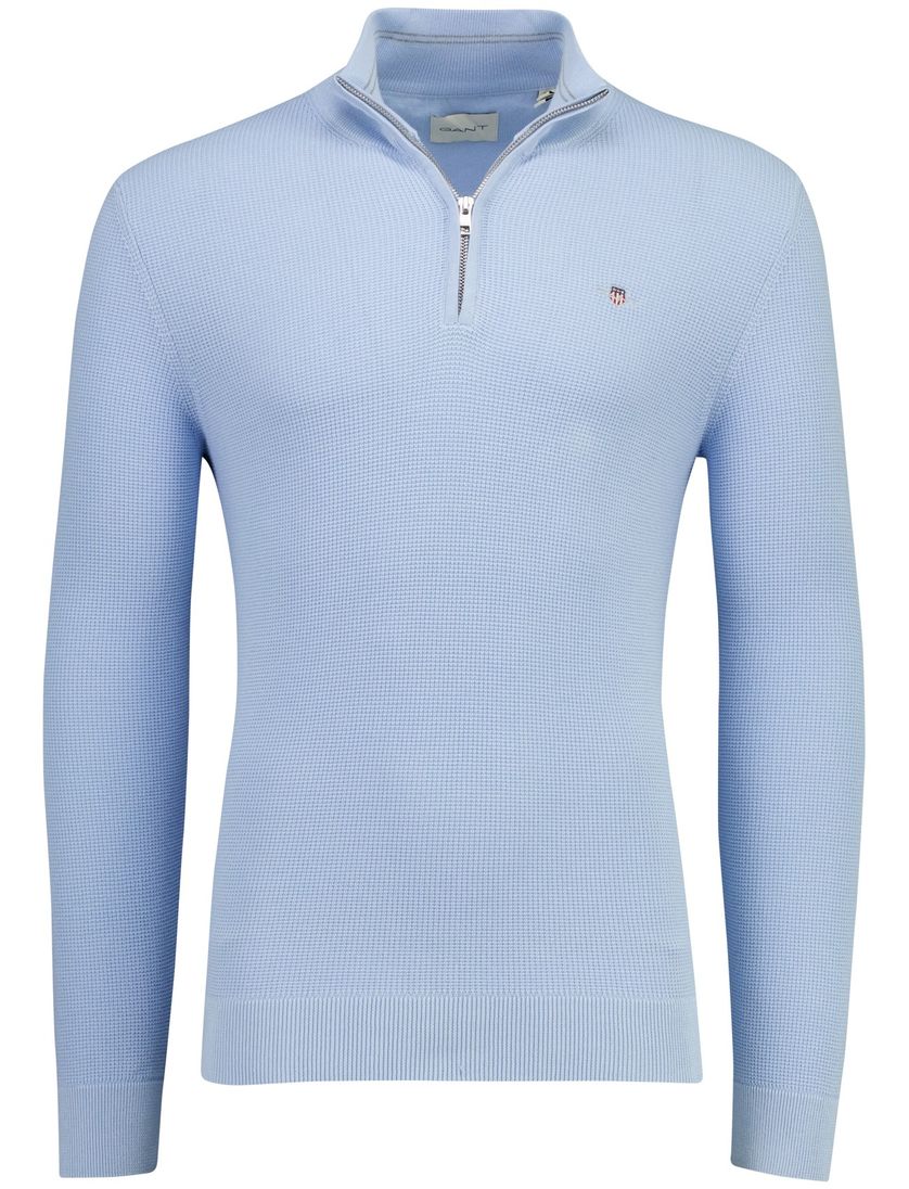 lichtblauw structuur trui Gant half-zip effen