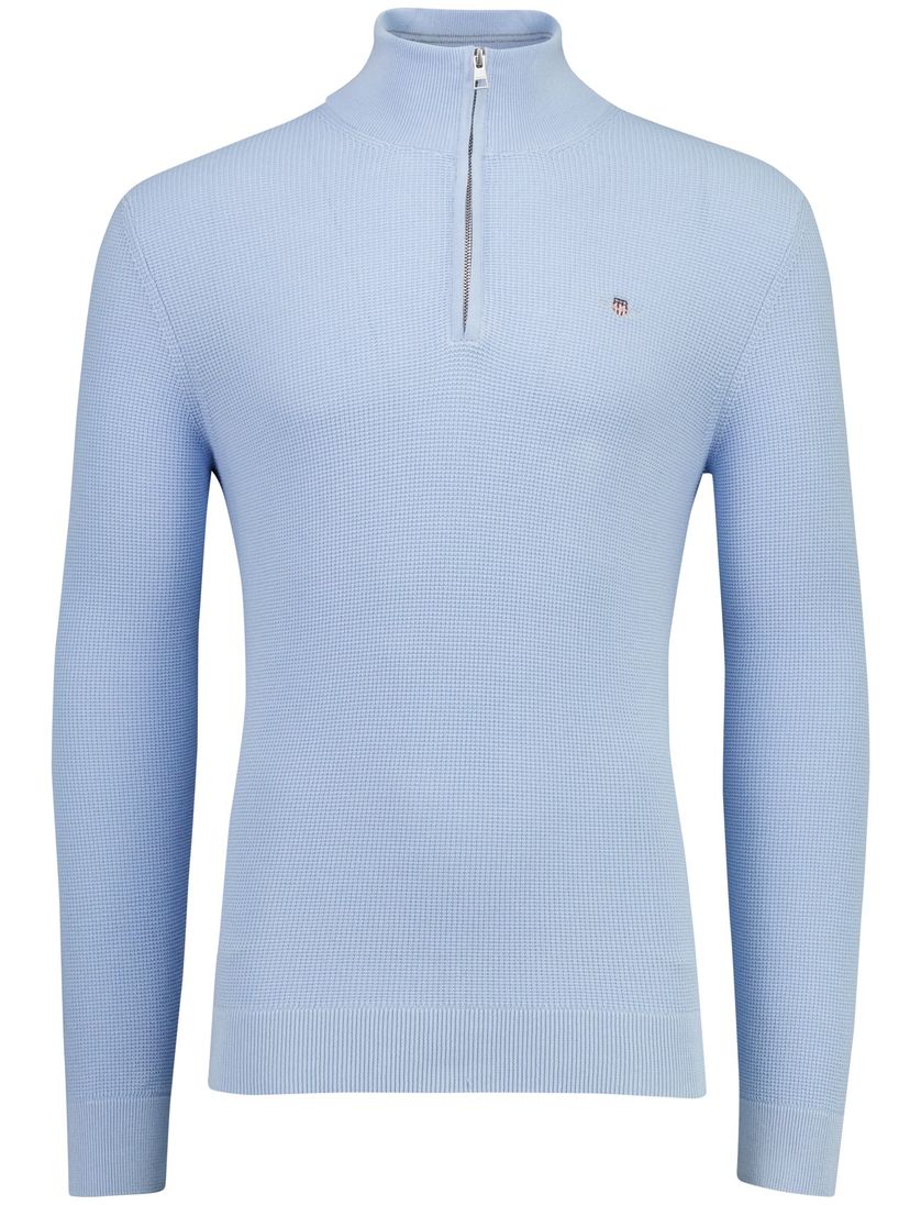 lichtblauw structuur trui Gant half-zip effen