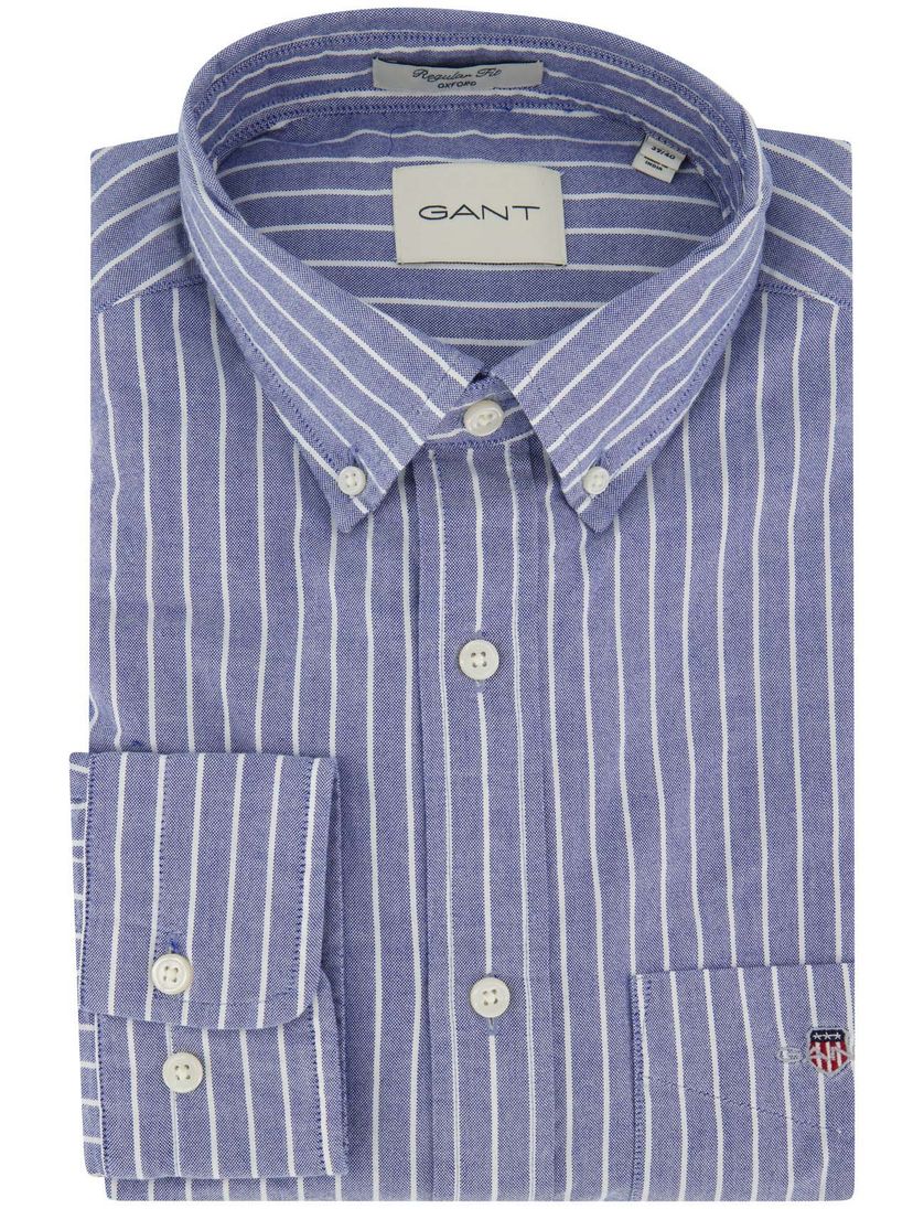 Blauw Gant overhemd wit gestreept Regular Fit