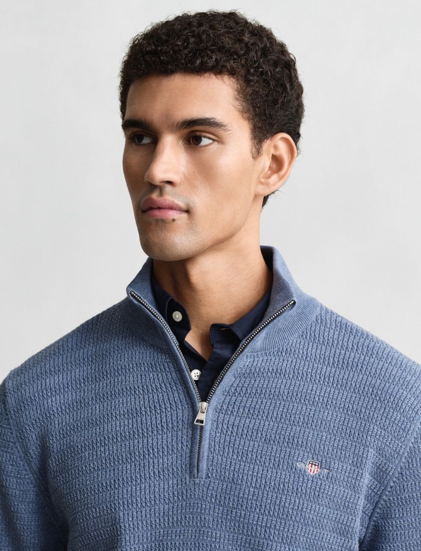 Gant trui gebreid blauw half zip katoen