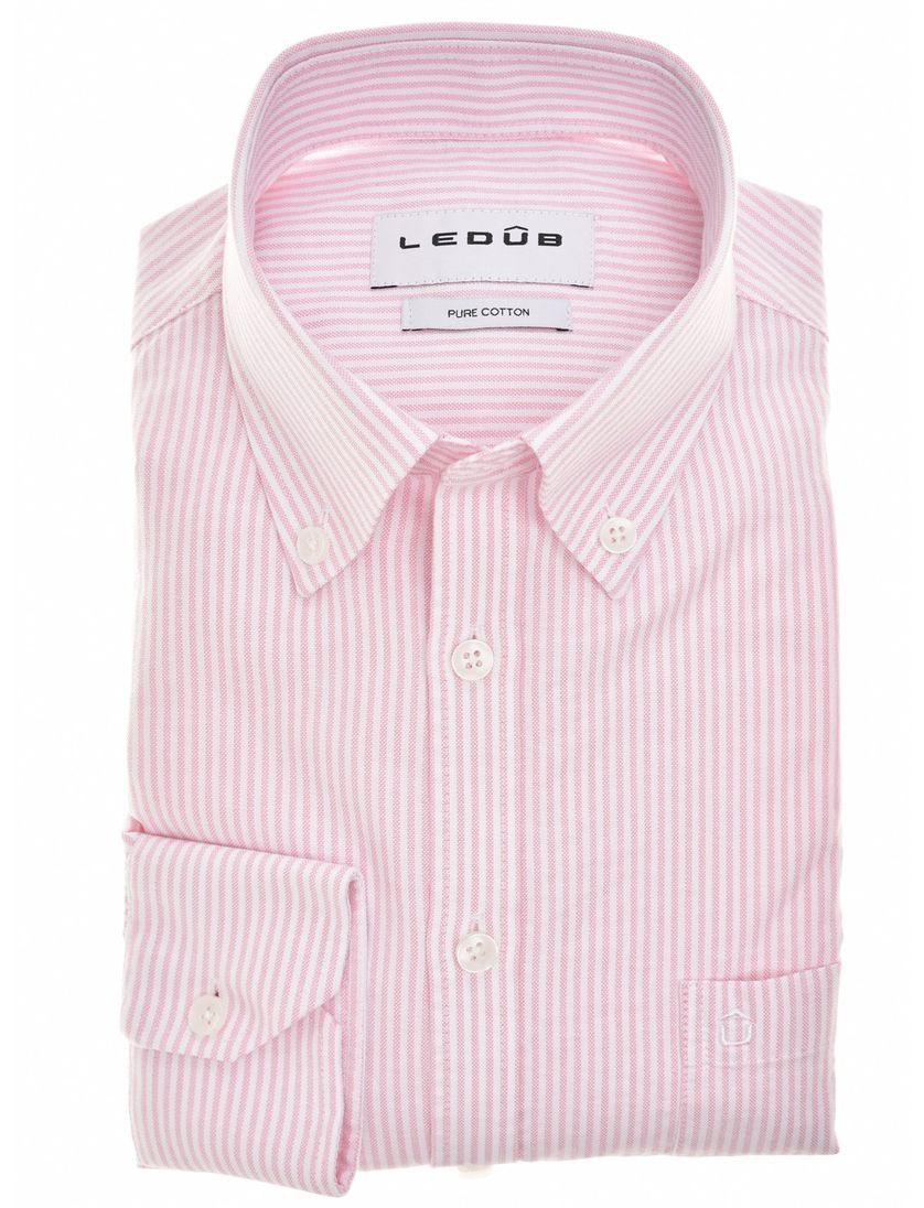 Overhemd Ledub roze katoen Modern Fit gestreept met borstzak