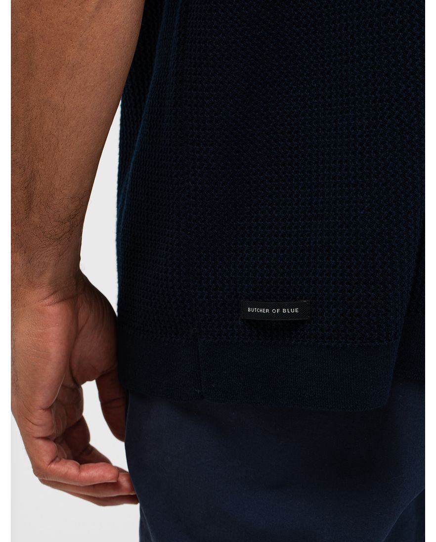 Butcher of Blue polo doorknoop donkerblauw korte mouw gebreid