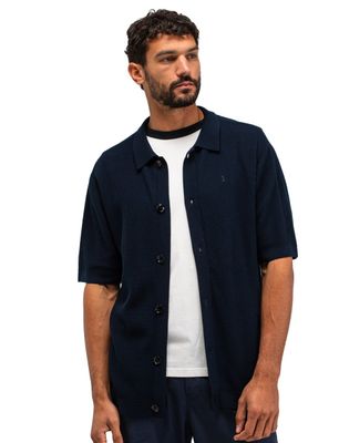 Butcher of Blue Gebreide doorknoops polo Butcher of Blue donkerblauw korte mouw