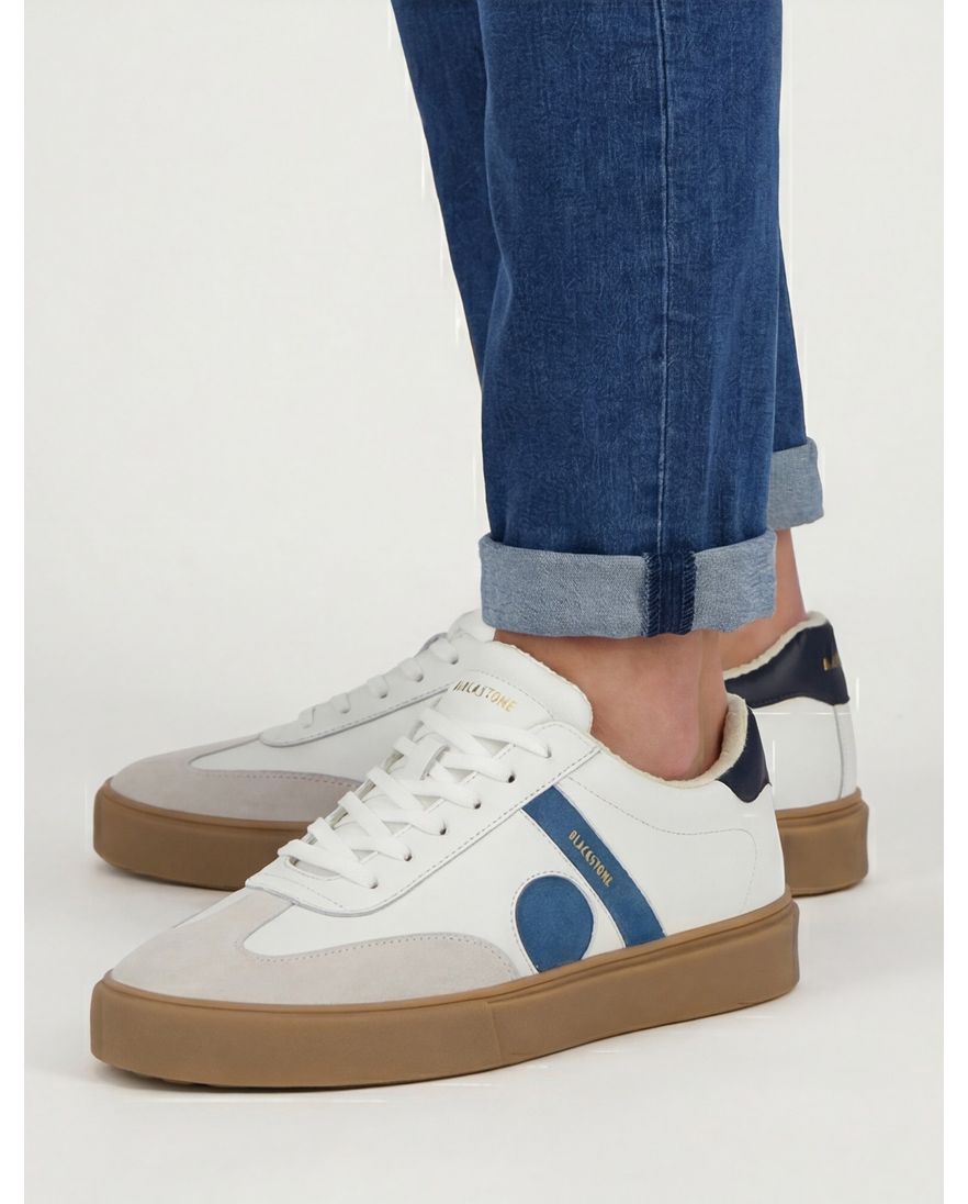 Blackstone sneaker leer geprint wit blauw laag