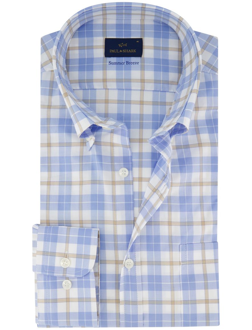 Paul & Shark overhemd beige blauw wit geruit wijde fit