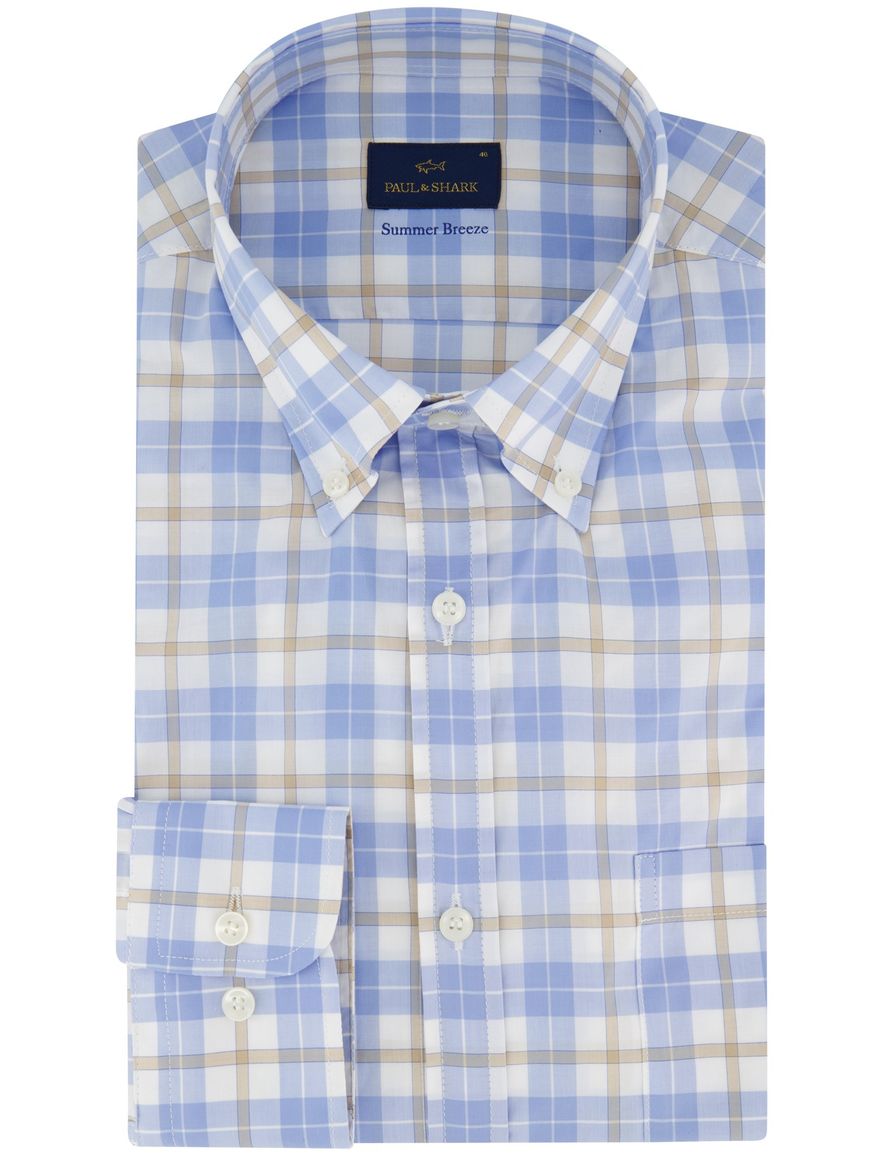Paul & Shark overhemd beige blauw wit geruit wijde fit