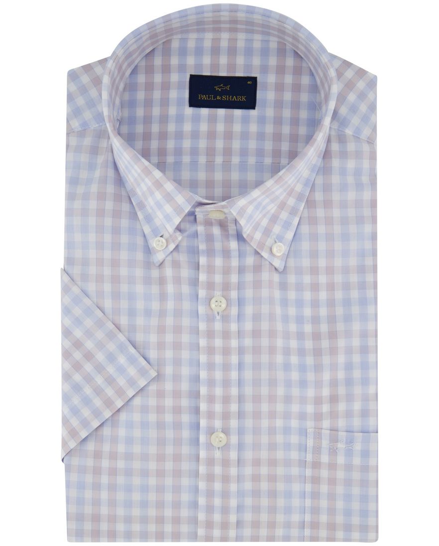 Paul & Shark overhemd beige blauw geruit korte mouw