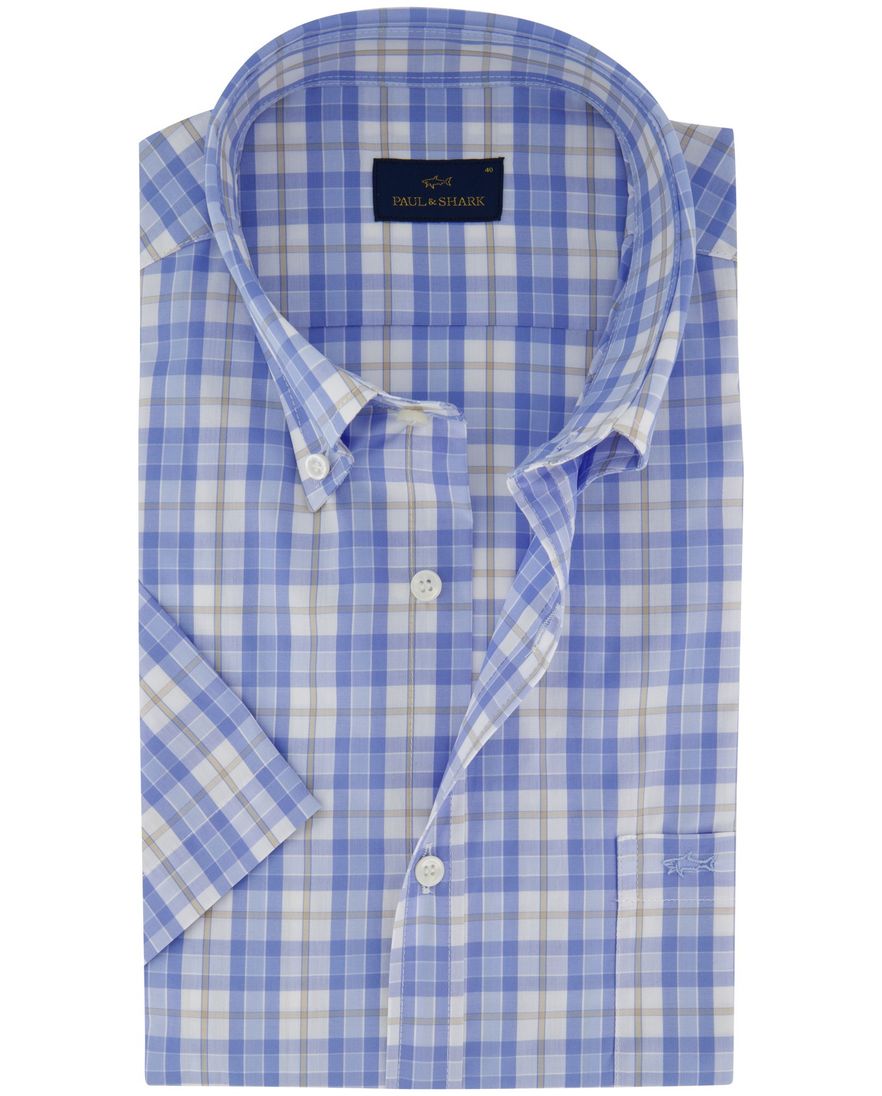 Paul & Shark korte mouw overhemd blauw geruit witte knopen