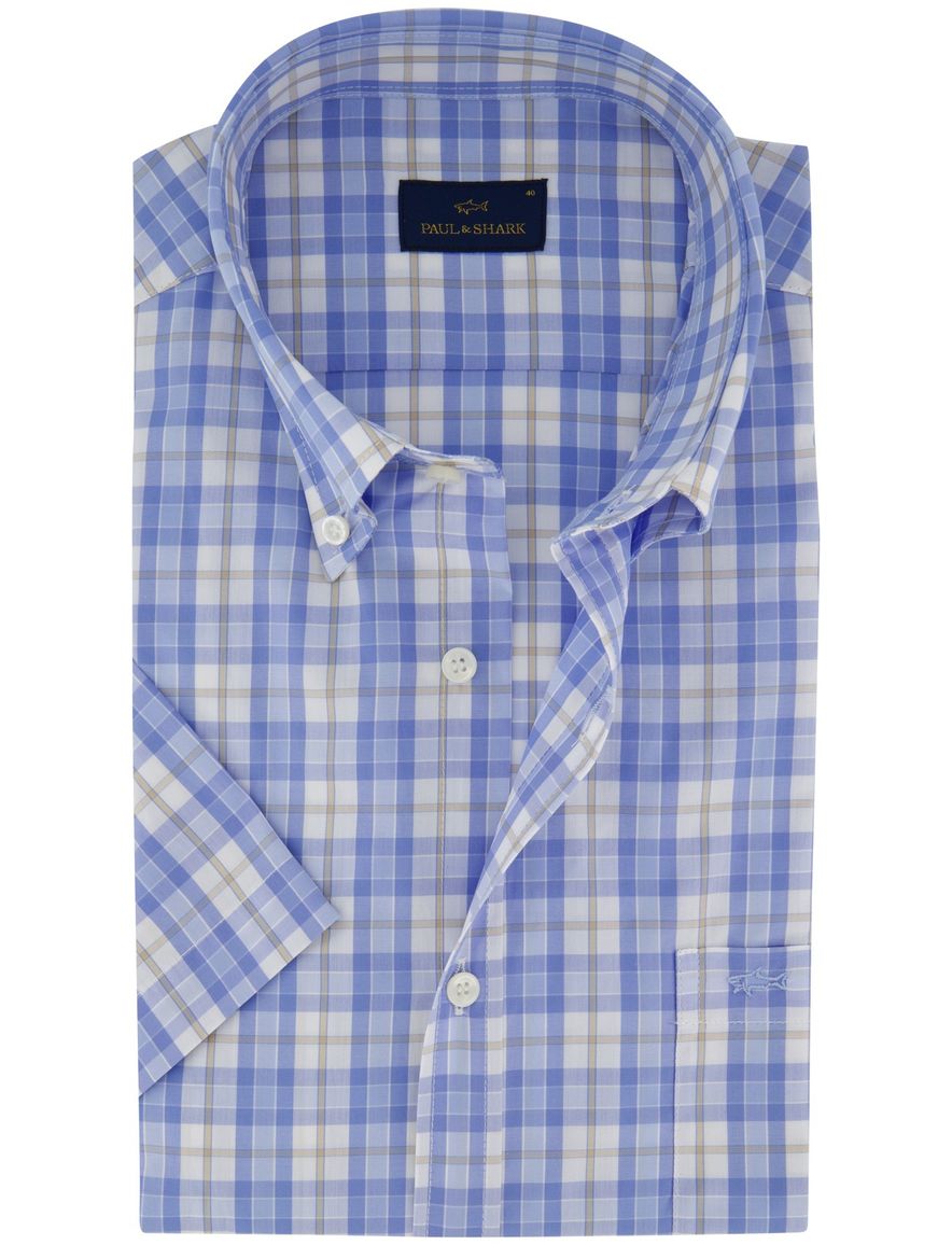 Paul & Shark korte mouw overhemd blauw geruit witte knopen