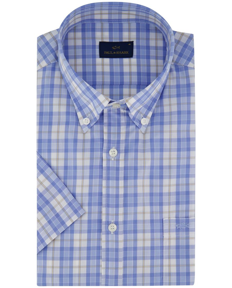 Paul & Shark korte mouw overhemd blauw geruit witte knopen