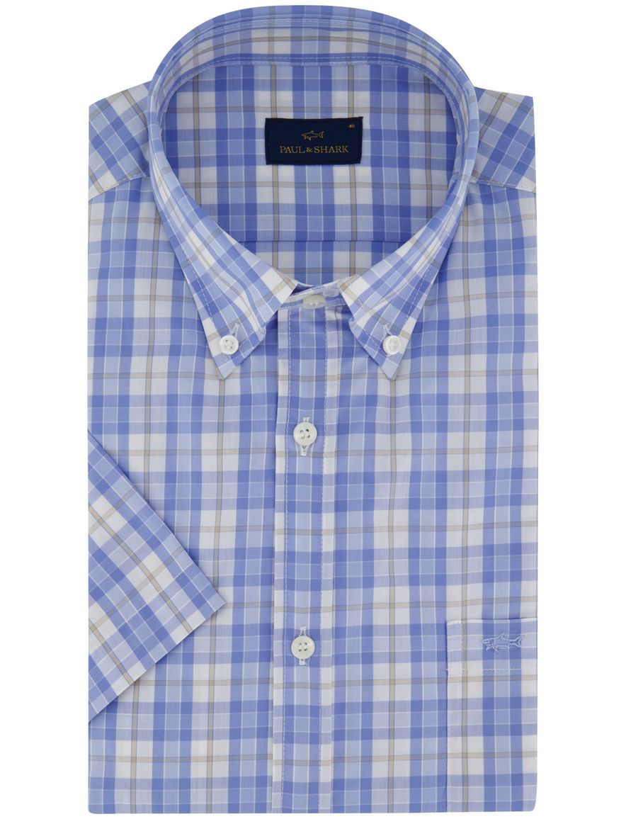 Paul & Shark korte mouw overhemd blauw geruit witte knopen