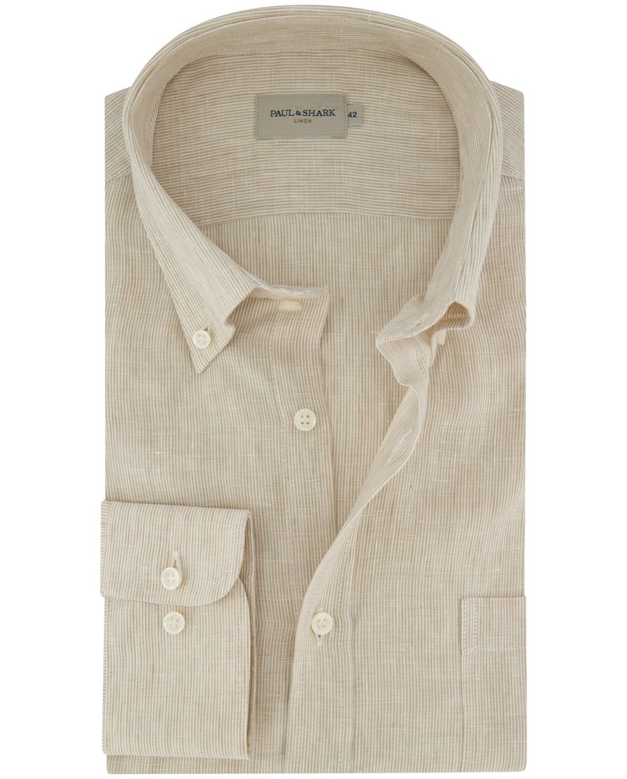 Paul & Shark overhemd beige wit gestreept button-down collar
