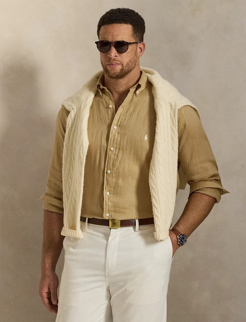 Overhemd beige Polo Ralph Lauren Big & Tall linnen lichte knoop